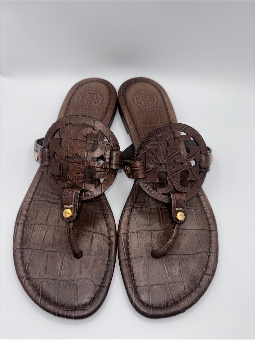 Tory Burch Miller Croc-embossed Chocolate Thong Sandals